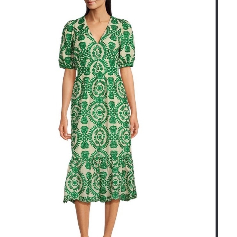 Adelyn Rae Green Embroidered Midi Dress V-Neck Puff Sleeve Cotton Boho Cream M